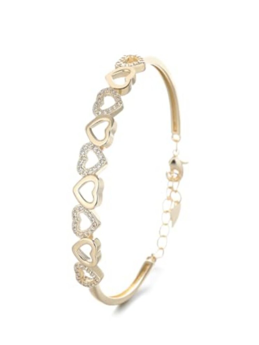 14K Gold Plated Heart Bangle Bracelet with Crystals Adjustable Stackable Gift